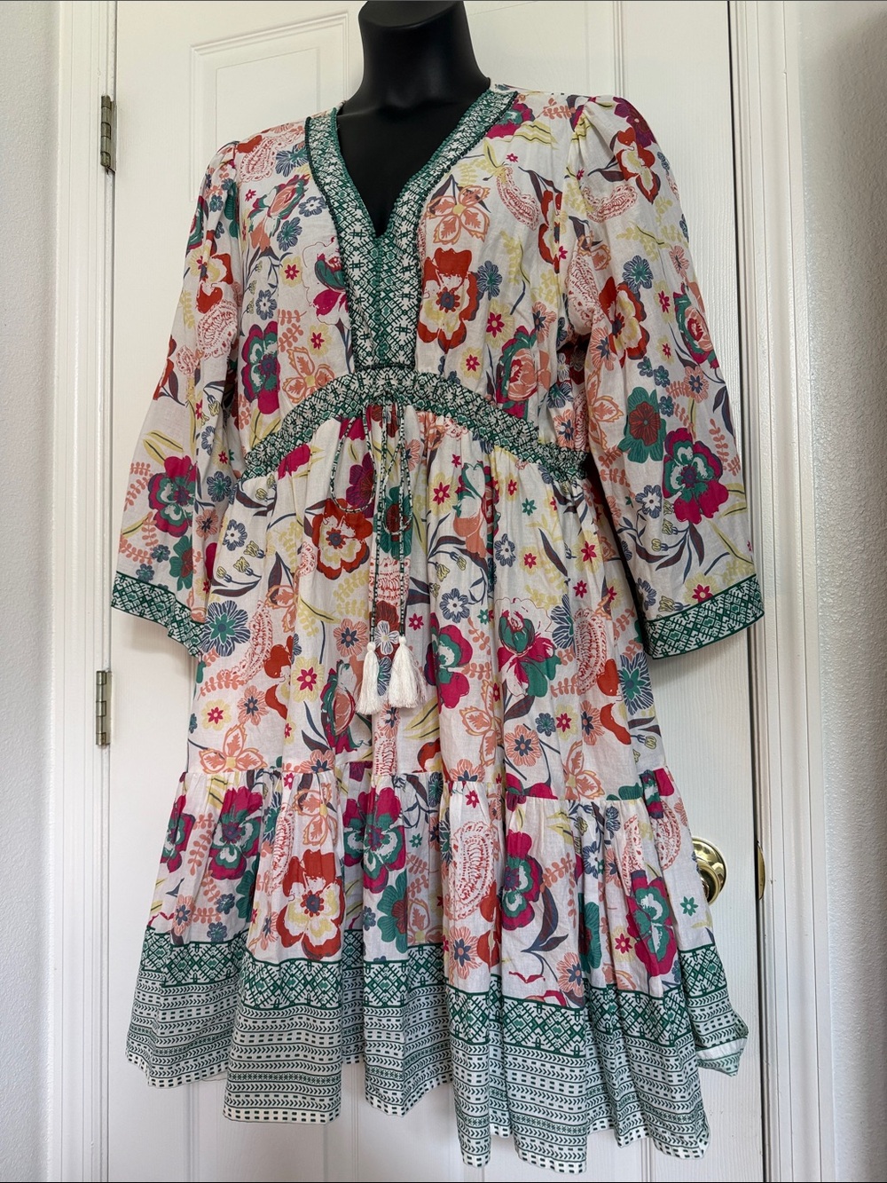 Kaktus Floral Tiered Boho Dress in White, Green, Pink, Red